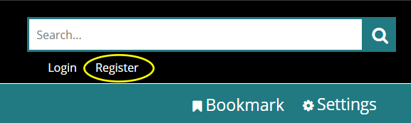 Registration link in header highlighted by yellow circle