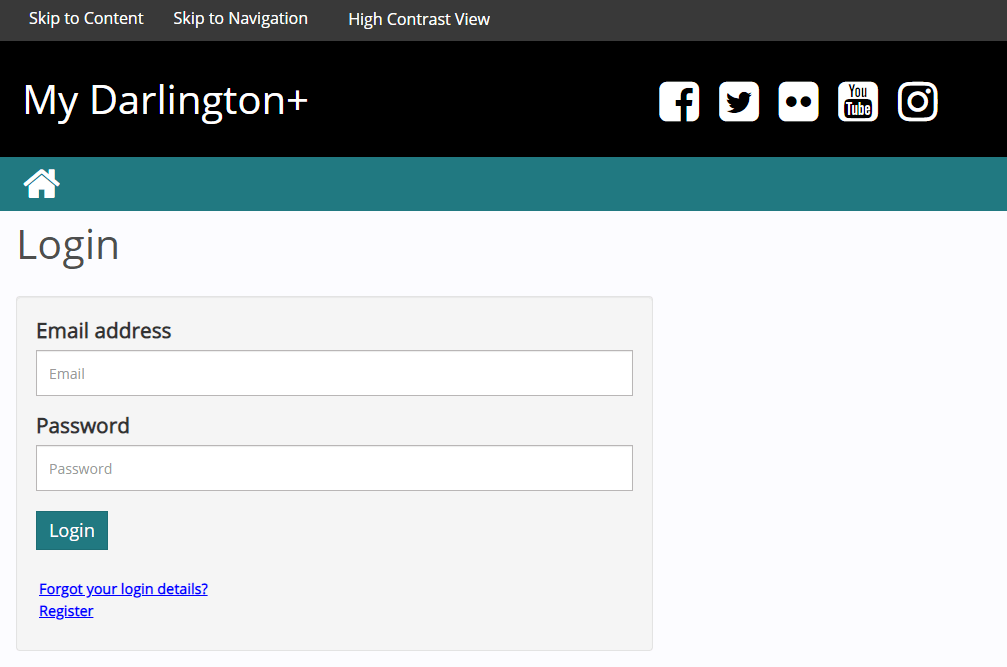 My Darlington+ login screen